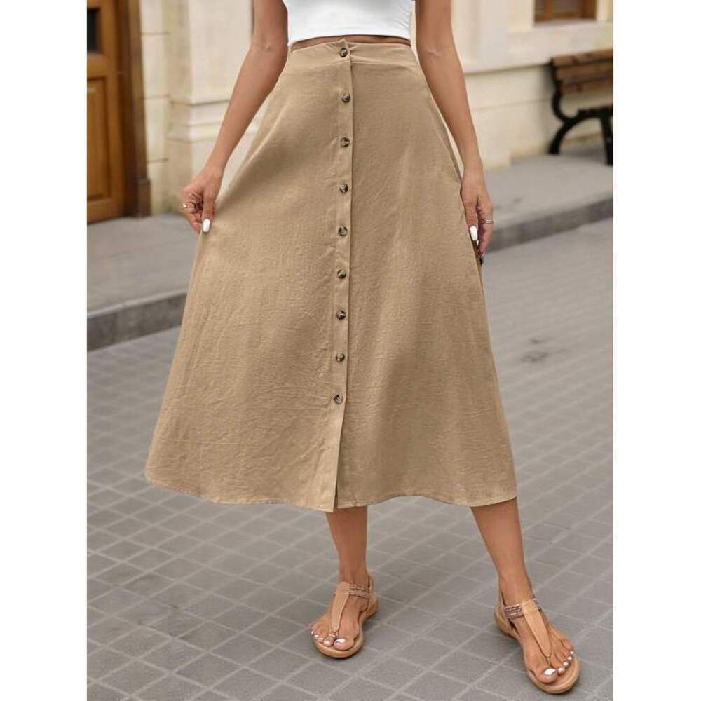 VCAY Solid Color High Waist Single-Breasted A-Line Midi Sk - Picture 3 of 6